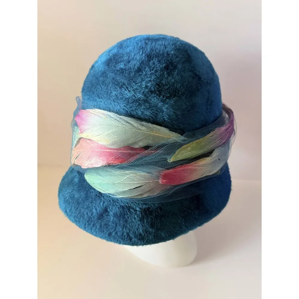Vintage Christian Dior Chapeaux Turquoise Cloche Hat | Feather Trim Designer Ha
